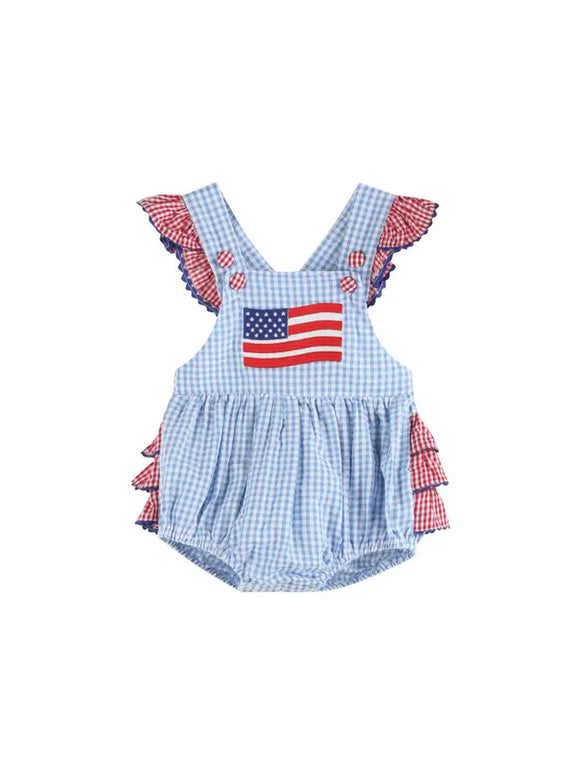 Light Blue and Red Gingham USA Flag Ruffle Romper