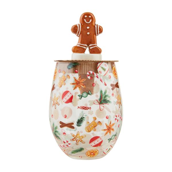 Decorative wine glass with gingerbread design and gingerbread man on top