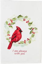 Cardinal bird with holly wreath and text 'I am always with you' 