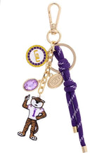 Keychain with LSU tiger mascot, purple strap, and various charms.
