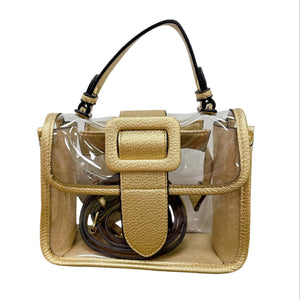 Clear handbag with beige and gray straps 