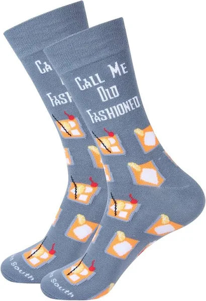 Socks with cocktail design and text 'Call Me Old Fashioned'