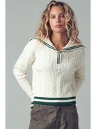 White sweater with green stripes and sailor collar