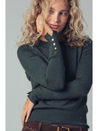 Green Button Cuff Slim Knit Top