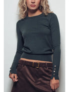 Green Button Cuff Slim Knit Top