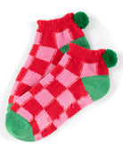 Red and pink checkered socks with green accents
