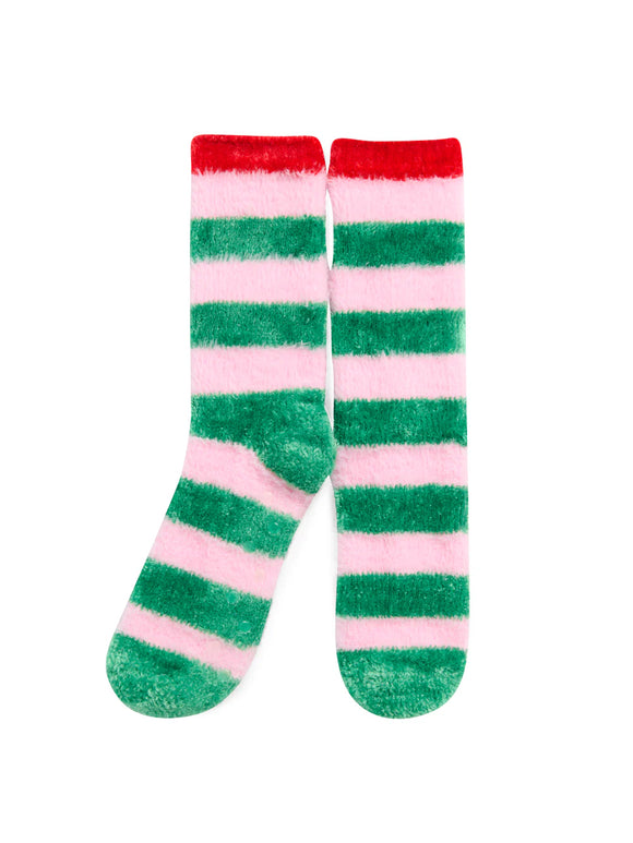 Pair of green and pink striped socks 