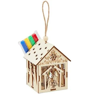 Wooden christmas nativity ornament that lights up and comes with markers to color.
