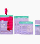 Patchology Cozy Comforts Kit packaging including a pink eye mask, a green box, and a purple packet 