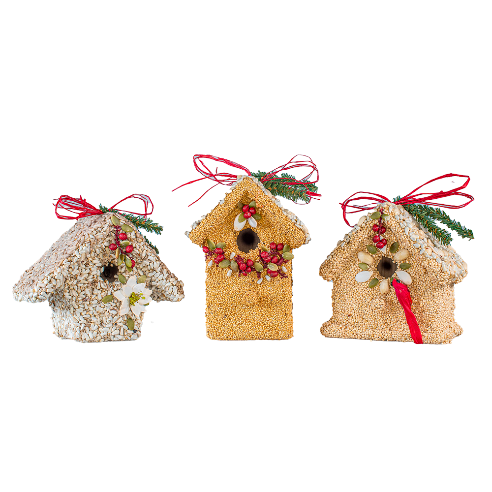 Three decorative birdhouse ornaments with bird feed