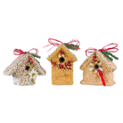 Three decorative birdhouse ornaments with bird feed
