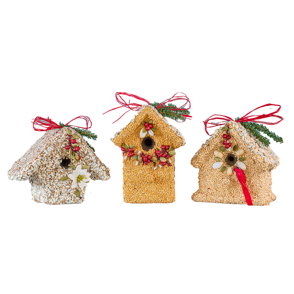 Three decorative birdhouse ornaments with bird feed