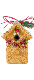 Decorative birdhouse ornament with red berries and greenery