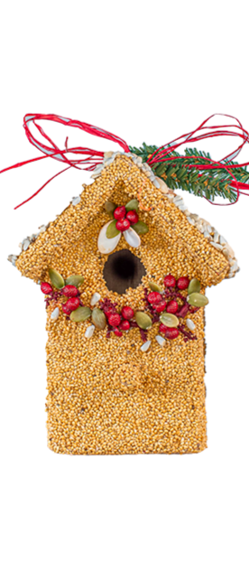 Decorative birdhouse ornament with red berries and greenery