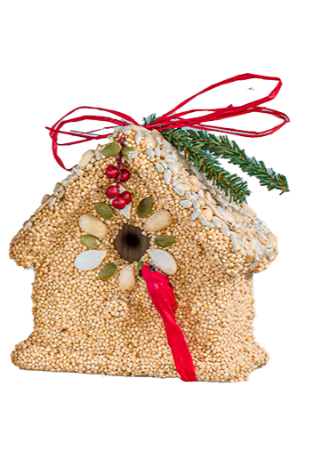 Birdseed house ornament with red cardinal and greenery