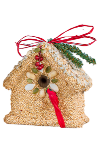 Three decorative birdhouse ornaments with bird feed