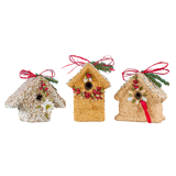 Three decorative birdhouse ornaments with bird feed