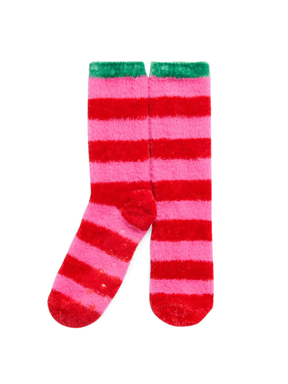 Red and pink striped socks with green cuffs 