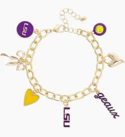 Gold bracelet with various LSU charms including a yellow heart, purple circle with 'LSU' text, and purple 'gators' text.