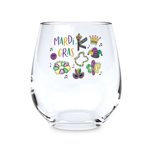 15oz Stemless Wine Glass-Mardi Gras Icons