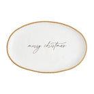 White oval platter with gold beaded rim and 'merry christmas' text 