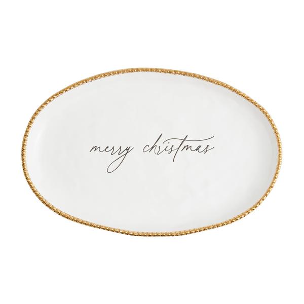 White oval platter with gold beaded rim and 'merry christmas' text 