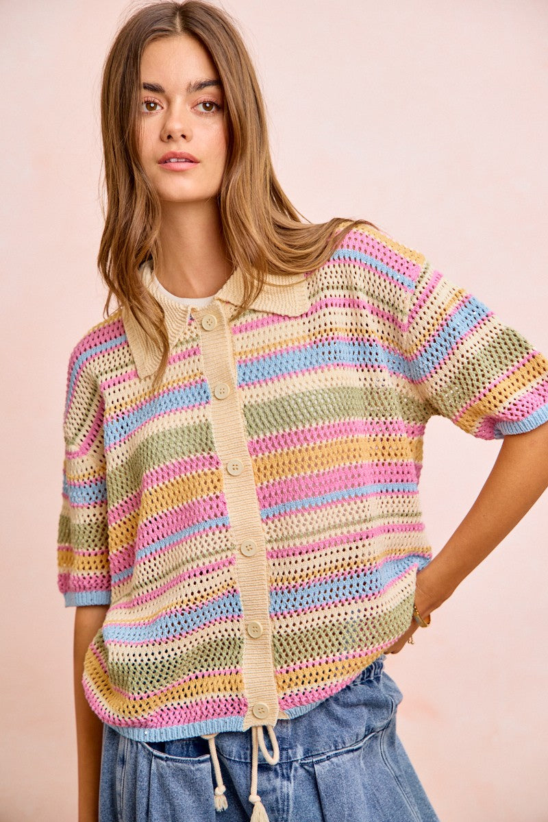 Multi Colors Stripes Buttoned Knit Top