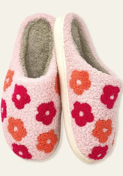 Pink Flower Fuzzy Slippers
