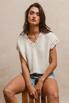 Knit Solid Contrast Stitch Detail Sweater Top