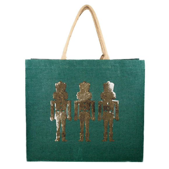 Glitzy Dark Green Nutcracker Sequin Carryall Tote 