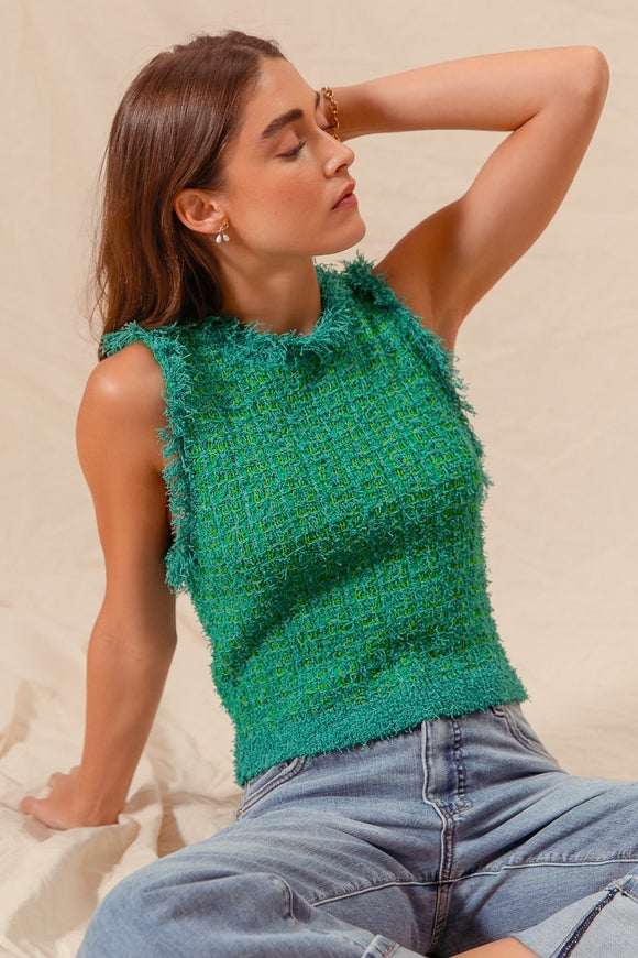 TWEED KNIT SWEATER VEST TOP WITH FRAYED EDGE DETAIL
