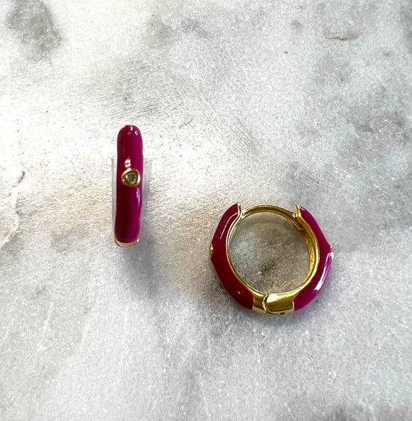 Aubrey Adele - Pink Enamel Huggie Earrings with Simulated Diamond